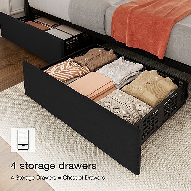 Upholstered Platform Bed Frame with 4 Storage Drawers - Adjustable Headboard, No Box Spring Needed