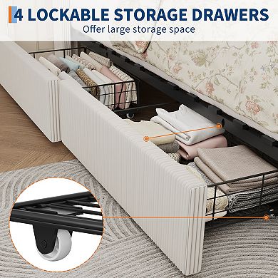 Upholstered Bed Frame with Drawers Wingback Headboard Platform Storage Bed