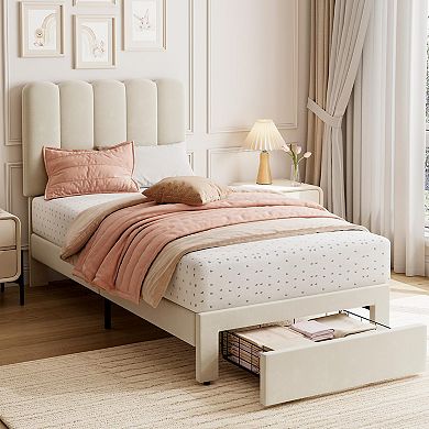Upholstered Platform Bed Frame with Storage Drawer and Headboard for Kids