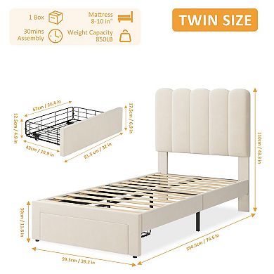 Upholstered Platform Bed Frame with Storage Drawer and Headboard for Kids