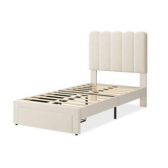 Upholstered Platform Bed Frame with Storage Drawer and Headboard for Kids