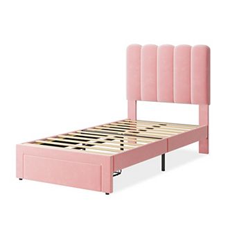 Upholstered Platform Bed Frame with Storage Drawer and Headboard for Kids