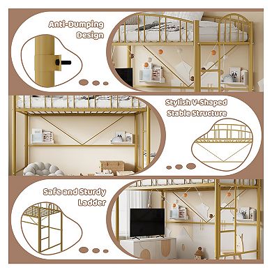 Twin Size Metal Loft Bed Frame Space-Saving, Arched Guardrail, Safety Ladder, No Box Spring Required