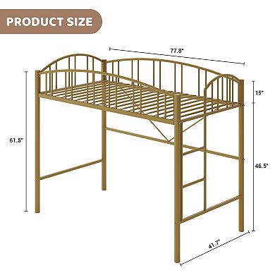 Twin Size Metal Loft Bed Frame Space-Saving, Arched Guardrail, Safety Ladder, No Box Spring Required