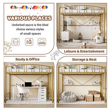 Twin Size Metal Loft Bed Frame Space-Saving, Arched Guardrail, Safety Ladder, No Box Spring Required