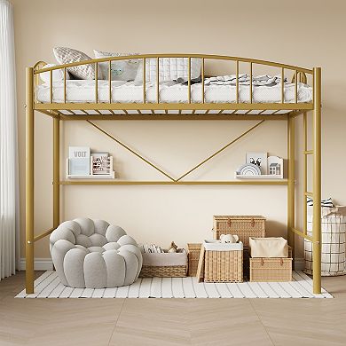 Twin Size Metal Loft Bed Frame Space-Saving, Arched Guardrail, Safety Ladder, No Box Spring Required