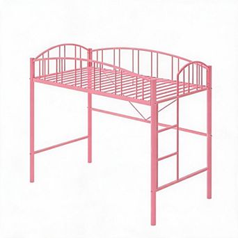 Twin Size Metal Loft Bed Frame Space-Saving, Arched Guardrail, Safety Ladder, No Box Spring Required