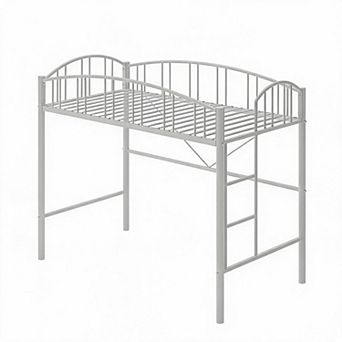 Twin Size Metal Loft Bed Frame Space-Saving, Arched Guardrail, Safety Ladder, No Box Spring Required