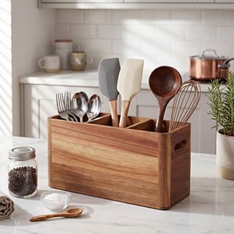 3 Compartment Kitchen Utensil Holder Countertop Acacia Wood Organizer with Drain Hole Divider