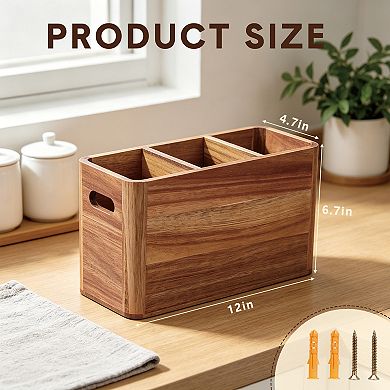 3 Compartment Kitchen Utensil Holder Countertop Acacia Wood Organizer with Drain Hole Divider