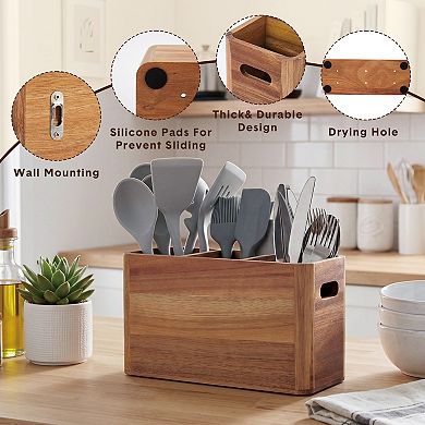 3 Compartment Kitchen Utensil Holder Countertop Acacia Wood Organizer with Drain Hole Divider
