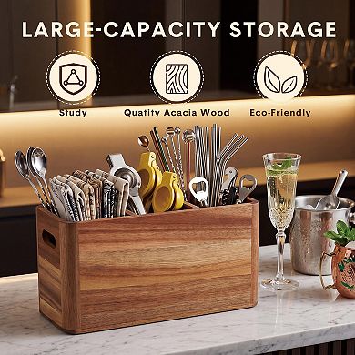 3 Compartment Kitchen Utensil Holder Countertop Acacia Wood Organizer with Drain Hole Divider