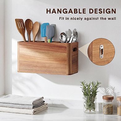 3 Compartment Kitchen Utensil Holder Countertop Acacia Wood Organizer with Drain Hole Divider
