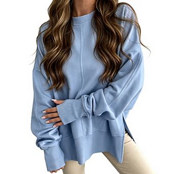 Women Crew Neck Sweatshirt Long Sleeve Side Split Loose Casual Pullover Tunic Top