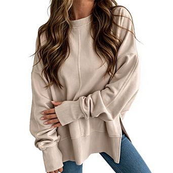 Women Crew Neck Sweatshirt Long Sleeve Side Split Loose Casual Pullover Tunic Top