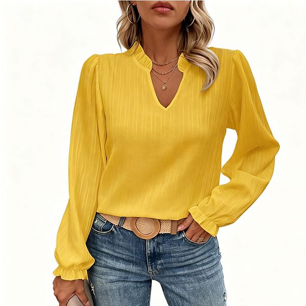 Women's Ruffled V-Neck Blouse, Long Puff Sleeve Textured Fabric