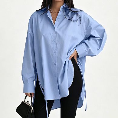 Women's Oversized Button-Down Shirt, Side Tie Split Hem Long Sleeve Casual Workwear Blouse