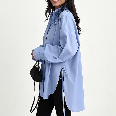 Women's Oversized Button-Down Shirt, Side Tie Split Hem Long Sleeve Casual Workwear Blouse