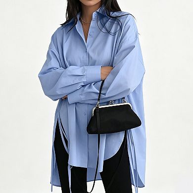 Women's Oversized Button-Down Shirt, Side Tie Split Hem Long Sleeve Casual Workwear Blouse