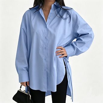 Women's Oversized Button-Down Shirt, Side Tie Split Hem Long Sleeve Casual Workwear Blouse