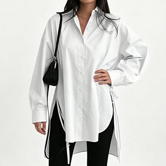 Women's Oversized Button-Down Shirt, Side Tie Split Hem Long Sleeve Casual Workwear Blouse