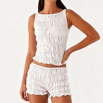Women's Smocked 2 pc Set, Sleeveless Crop Top & Ruffle Hem Shorts Summer Outfit
