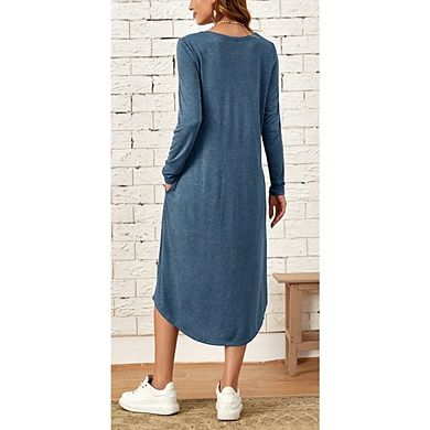 Women's Crew Neck Long Sleeve Loose Midi Dress With Side Pockets