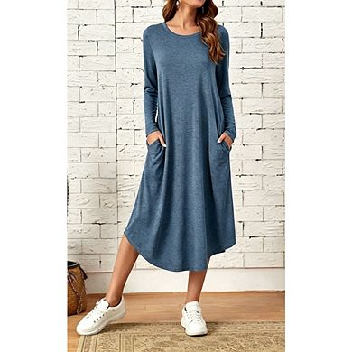 Women's Crew Neck Long Sleeve Loose Midi Dress With Side Pockets