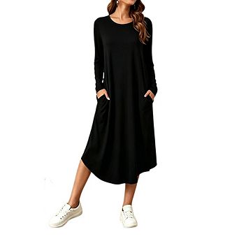 Women's Crew Neck Long Sleeve Loose Midi Dress With Side Pockets