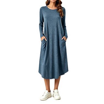 Women's Crew Neck Long Sleeve Loose Midi Dress With Side Pockets