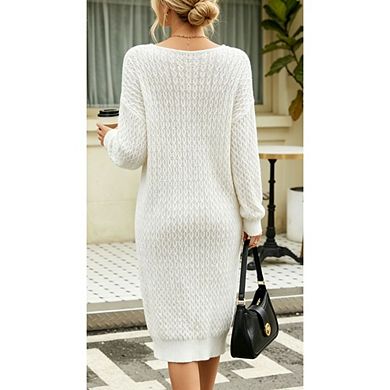 Women's V Neck Long Sleeve Open Knit Loose Midi Sweater Dress