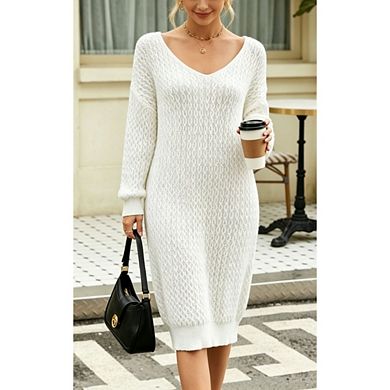 Women's V Neck Long Sleeve Open Knit Loose Midi Sweater Dress