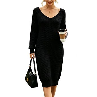 Women's V Neck Long Sleeve Open Knit Loose Midi Sweater Dress