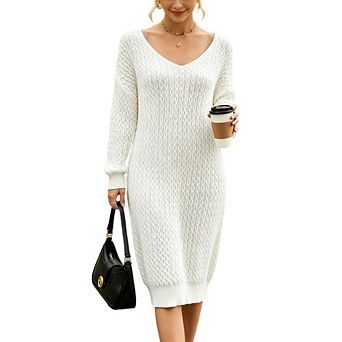 Women's V Neck Long Sleeve Open Knit Loose Midi Sweater Dress