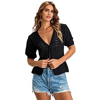 Women's Button Down Cardigan Short Sleeve Casual V-Neck Knit Lightweight Cardigans Sweater