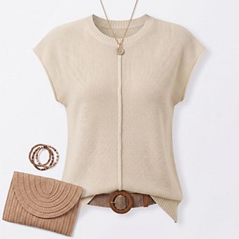 Womens Summer Cap Sleeve Tops Casual Crew Neck Loose Fit Knit Lightweight Sweater Pullover Top