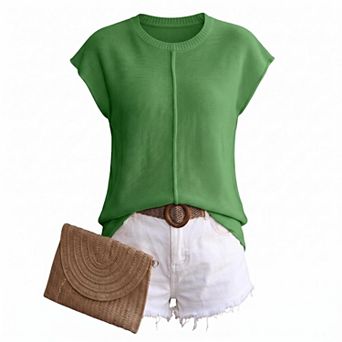 Womens Summer Cap Sleeve Tops Casual Crew Neck Loose Fit Knit Lightweight Sweater Pullover Top