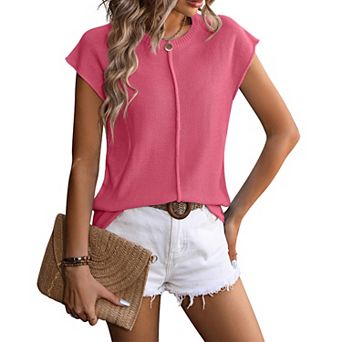 Womens Summer Cap Sleeve Tops Casual Crew Neck Loose Fit Knit Lightweight Sweater Pullover Top
