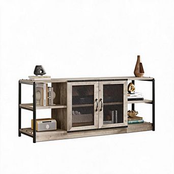 TV Stand for 75-inch TV, Media Console with Mesh Doors, Open Shelves, for Living Room, Gray