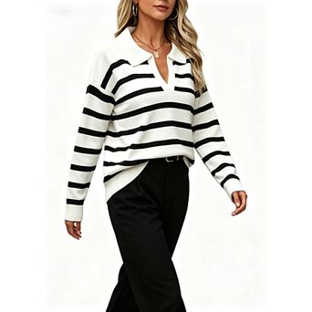 Women's Striped Sweater Stylish Polo Shirt V Neck Long Sleeved Knit Pullover