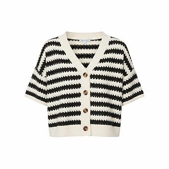 Womens Short Sleeve Striped Cardigan Sweaters Crochet Knit Button Down Shirts V Neck Summer Tops