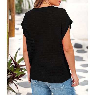 Womens Spring Tops Summer Shirts Crochet Cap Sleeve Sweater Pullover Cute Beach Vacation Clothes