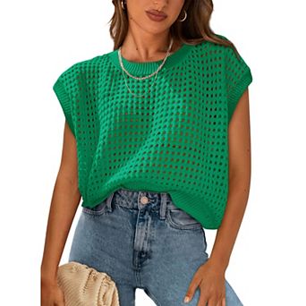 Womens Spring Tops Summer Shirts Crochet Cap Sleeve Sweater Pullover Cute Beach Vacation Clothes