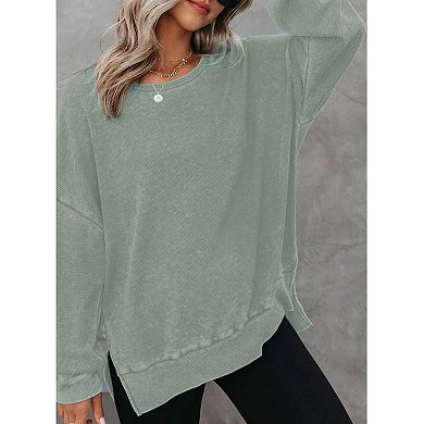 Women's Waffle Knit Side Slit Long Sleeve Top