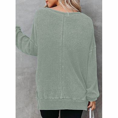 Women's Waffle Knit Side Slit Long Sleeve Top