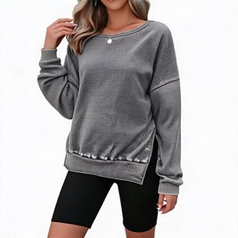 Women's Waffle Knit Side Slit Long Sleeve Top
