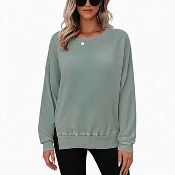 Women's Waffle Knit Side Slit Long Sleeve Top
