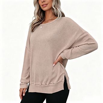 Women's Waffle Knit Side Slit Long Sleeve Top