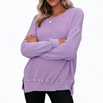 Women's Waffle Knit Side Slit Long Sleeve Top
