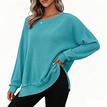 Women's Waffle Knit Side Slit Long Sleeve Top